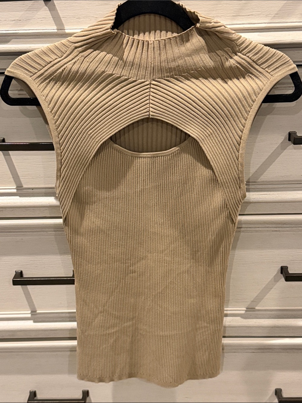White House Black Market Beige Ribbed Cutout Knit Top